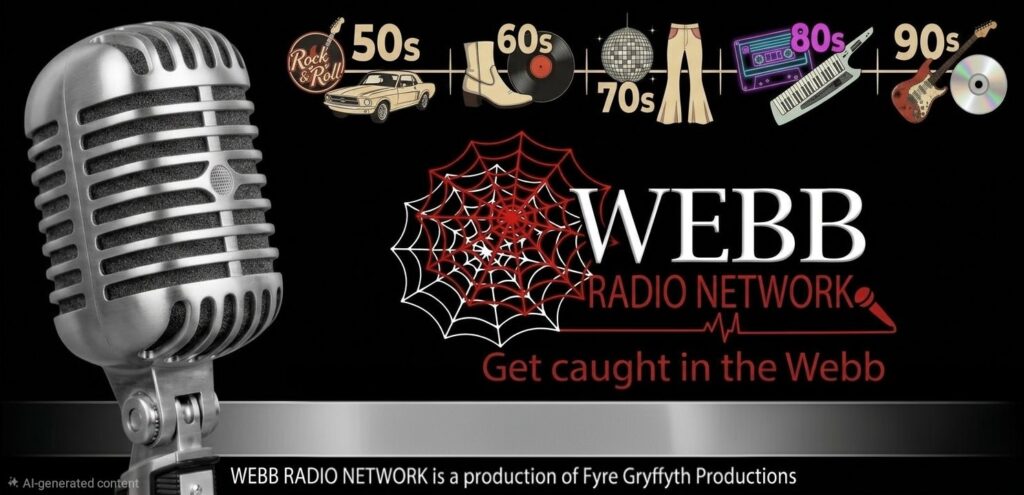 Webb Radio Network official banner - spider web logo with Get caught in the Webb tagline, decades timeline and vintage microphone